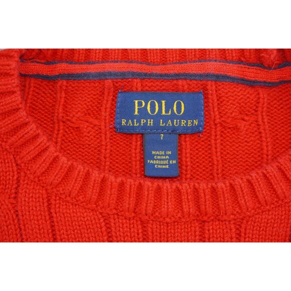 Polo Ralph Lauren Kids Red Cable Knit Sweater Size 7 Cotton Pullover Blue Pony - Picture 3 of 3